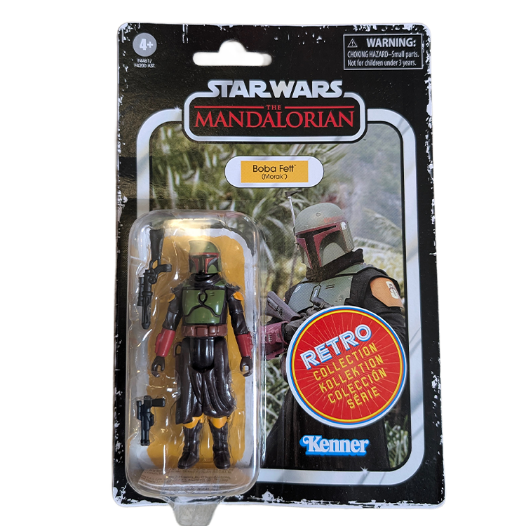 Star Wars The Mandalorian Boba Fett action figure in retro style packaging by Kenner with collectible series badge.
