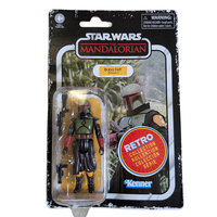 Star Wars The Mandalorian Boba Fett action figure in retro style packaging by Kenner with collectible series badge.