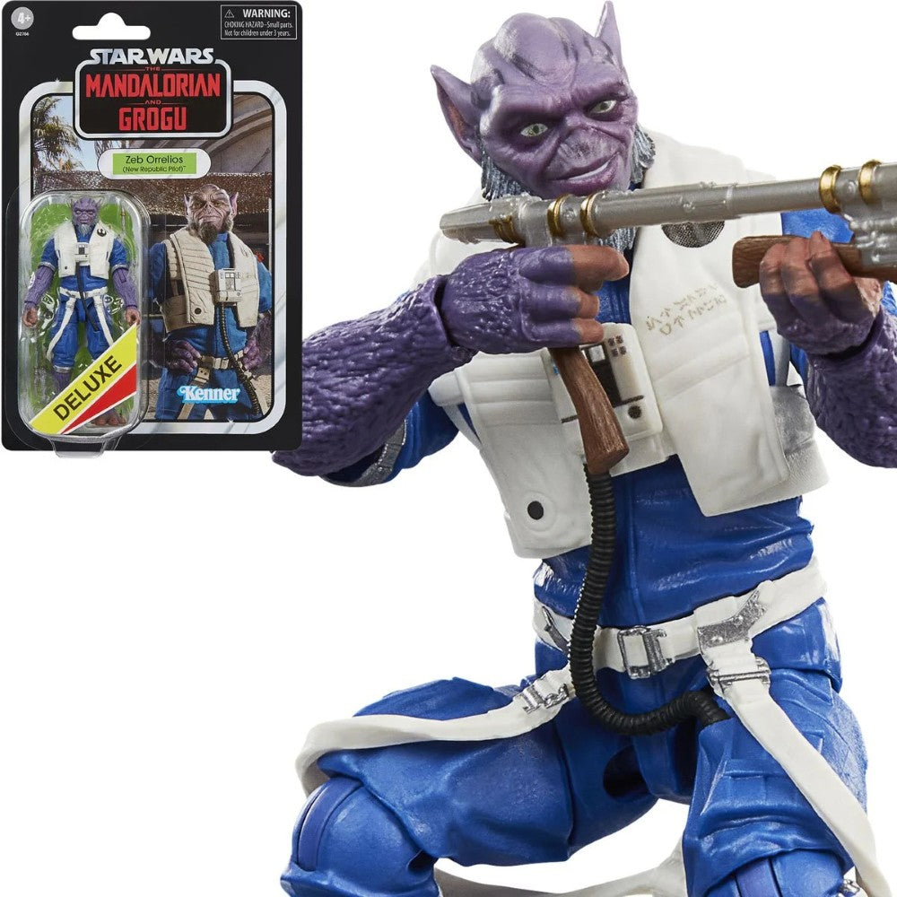 Zeb Orrelios Star Wars The Vintage Collection 1:18 scale 3.75" Action Figure by Kenner with weapon accessory displayed.