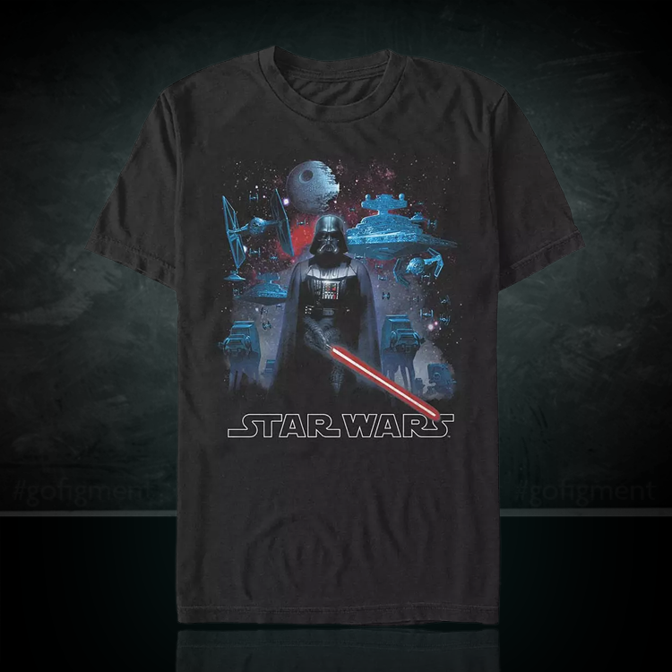 Star Wars T-shirt featuring Darth Vader with Death Star and Imperial fleet on a black background