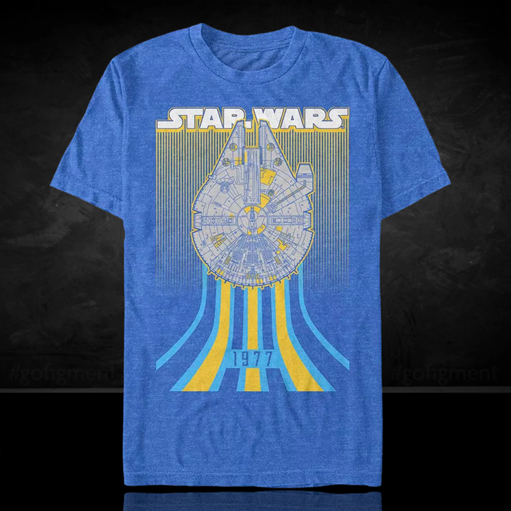 Star Wars men's t-shirt featuring vintage 1977 Millennium Falcon design with retro stripes on blue fabric.