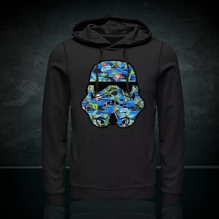 Black hoodie featuring a tropical Star Wars Stormtrooper helmet design by Star Wars with island motifs