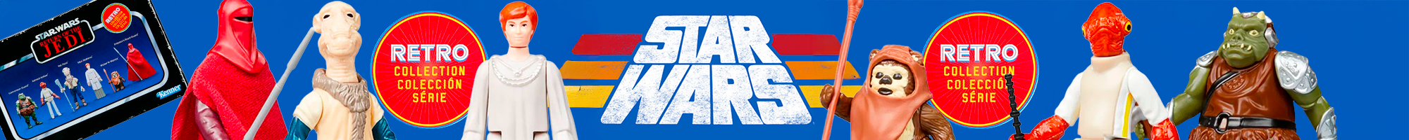 Vintage Star Wars action figures from the retro collection series displayed against a blue background with logo and badges