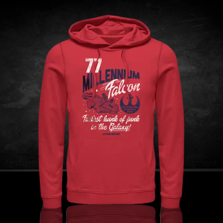 Red Star Wars hoodie featuring the Millennium Falcon and "Fastest junk in the Galaxy" text design.