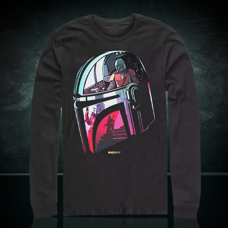 Star Wars long-sleeve shirt featuring Mandalorian helmet with action scenes reflected on black cotton fabric.
