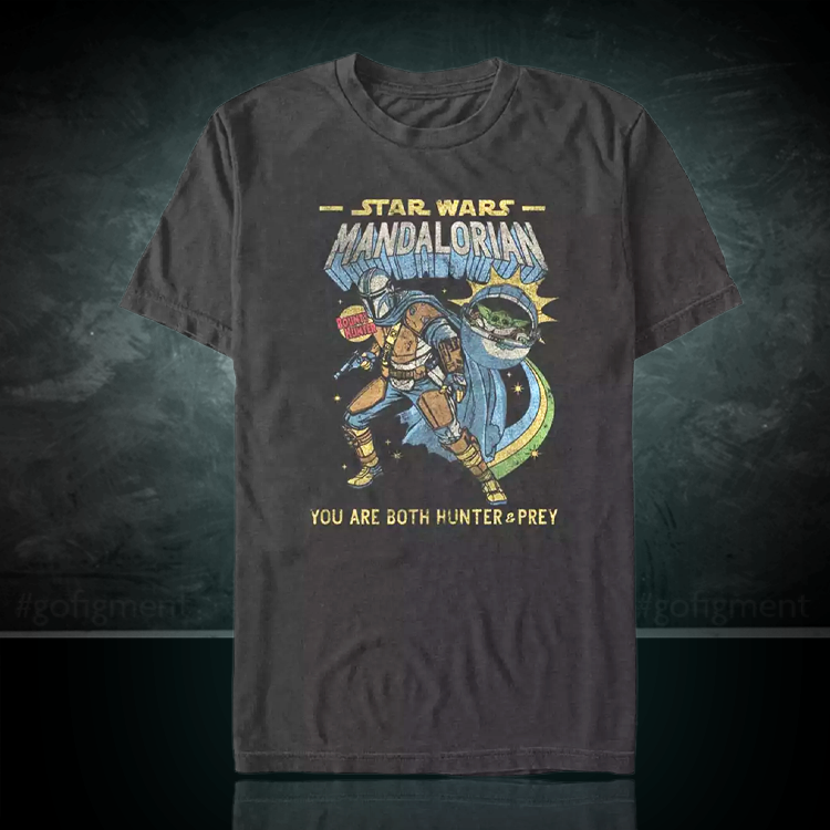 Star Wars Mandalorian comic style men's T-shirt featuring the bounty hunter and Grogu in bold artwork.