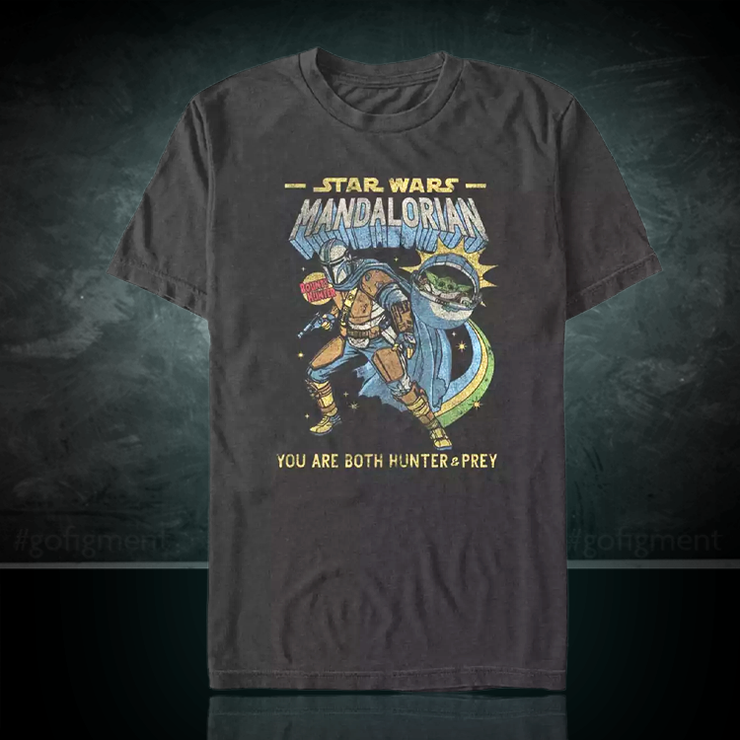 Star Wars Mandalorian comic style men's T-shirt featuring the bounty hunter and Grogu in bold artwork.
