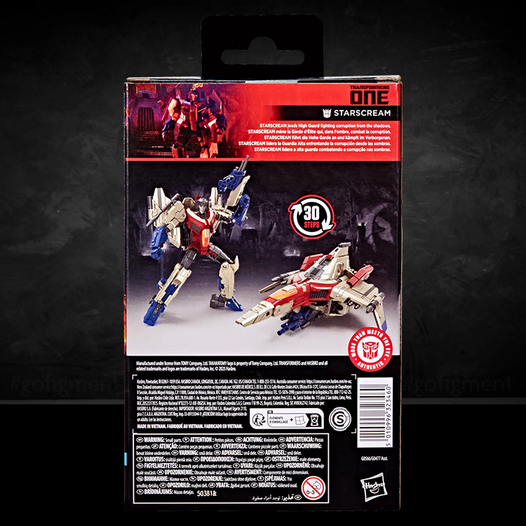 Transformers One Starscream Deluxe Class action figure by Hasbro shown in robot and jet modes on collectible packaging.