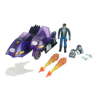 Purple toy vehicle with a standing action figure, two flame accessories, and small gray parts