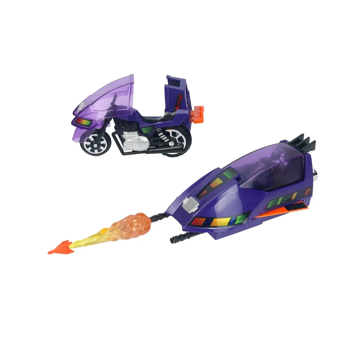Purple futuristic motorcycle and matching space vehicle with translucent canopies and flame effect