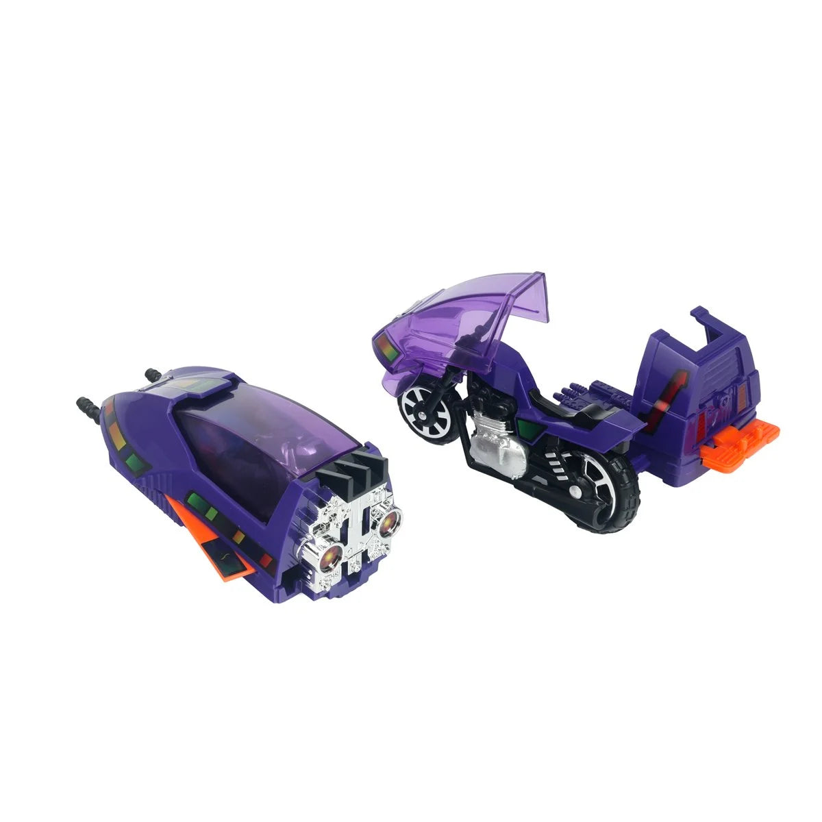 Two purple futuristic toy vehicles with black wheels, translucent canopies, and orange accents against a white background