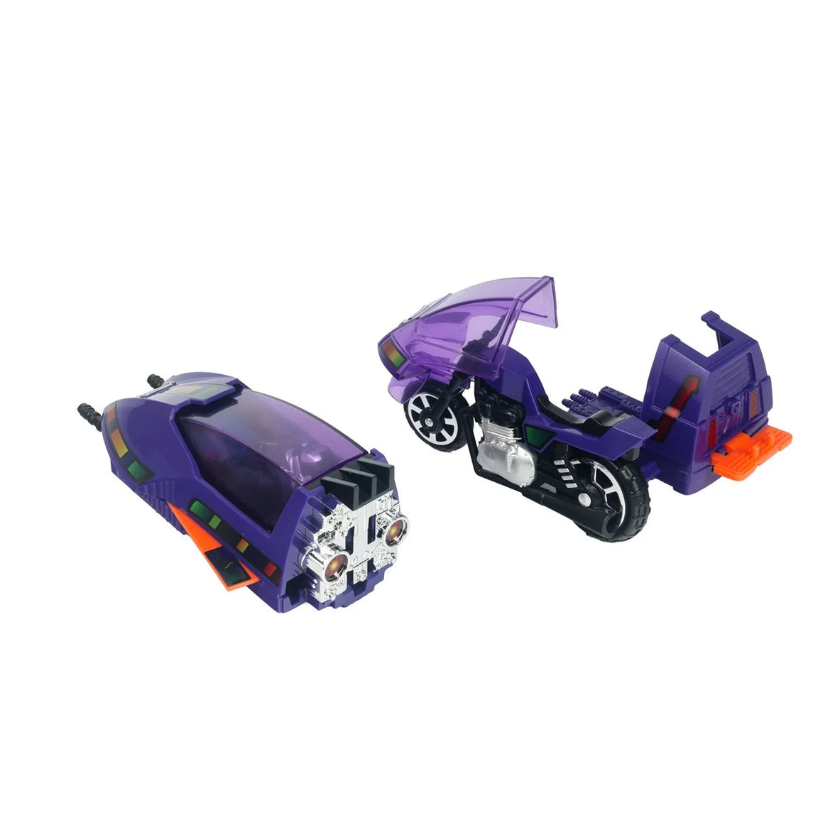 Two purple futuristic toy vehicles with black wheels, translucent canopies, and orange accents against a white background