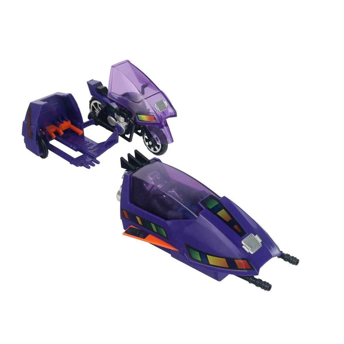 Two purple futuristic toy vehicles with transparent cockpits and colorful details