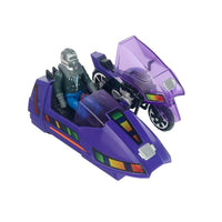 Purple futuristic hovercraft with a seated armored figure and translucent canopy