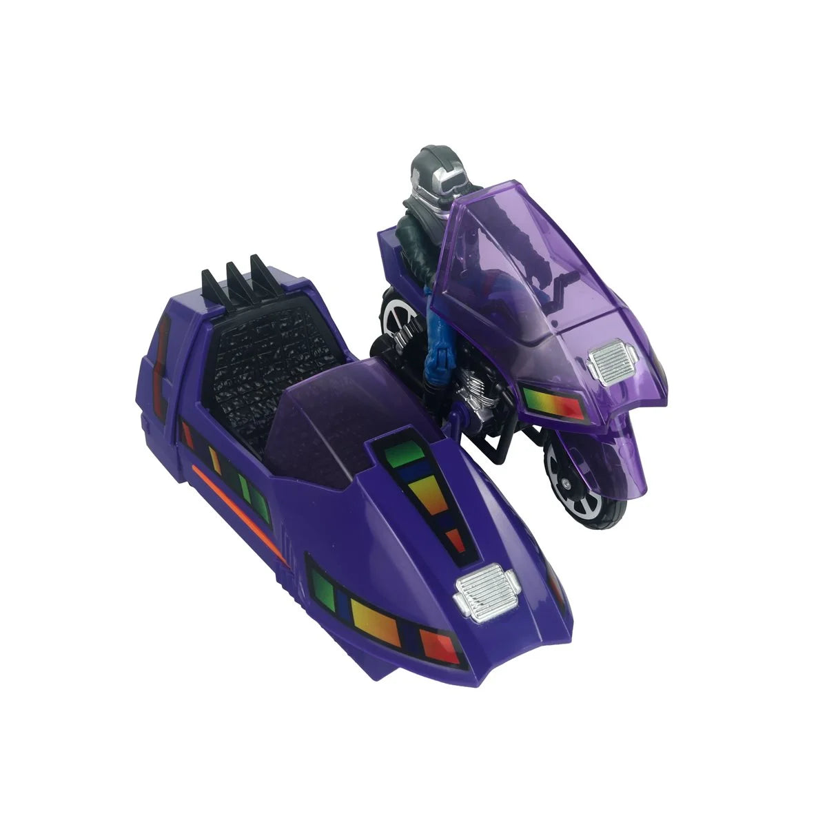 Purple futuristic toy vehicle with translucent windshields and colorful side panels