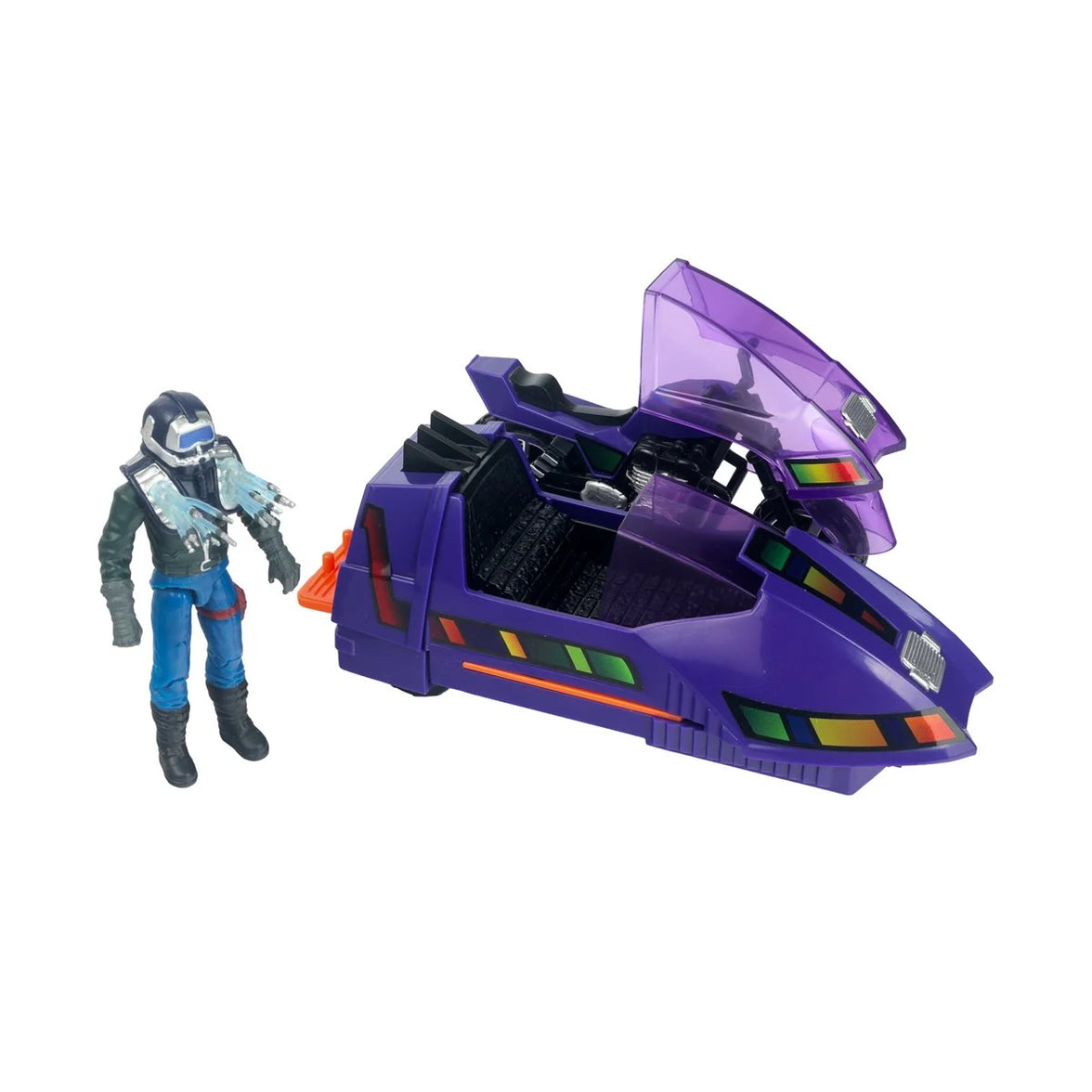Purple futuristic vehicle with open cockpit beside a blue-suited astronaut figure