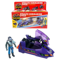 Purple submarine vehicle with a blue-suited action figure beside its red M.A.S.K. packaging