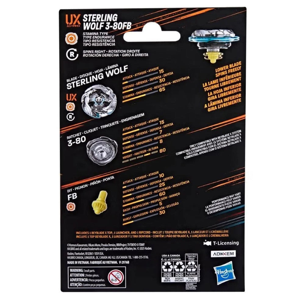 Sterling Wolf Beyblade X Starter Pack Spinning Top Battle Toy new in box with detailed stats on black Hasbro packaging