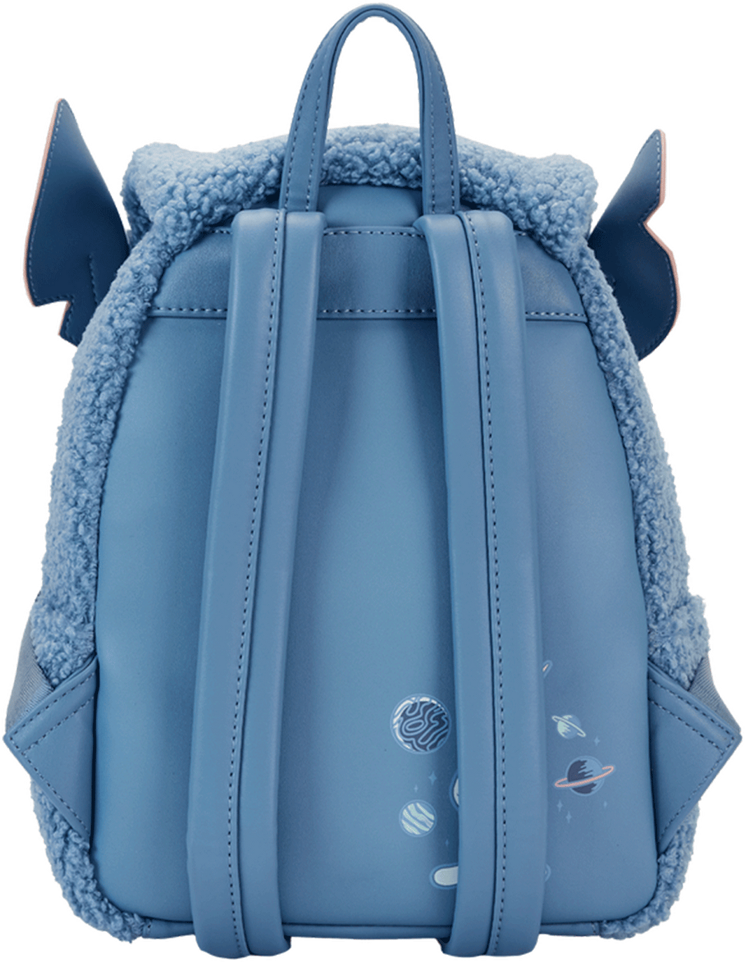 Loungefly mini backpack in blue sherpa with character ears and space-themed print on the back panel