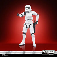 Hasbro Star Wars Vintage Collection Imperial Stormtrooper 3.75 inch action figure with detailed armor on red background