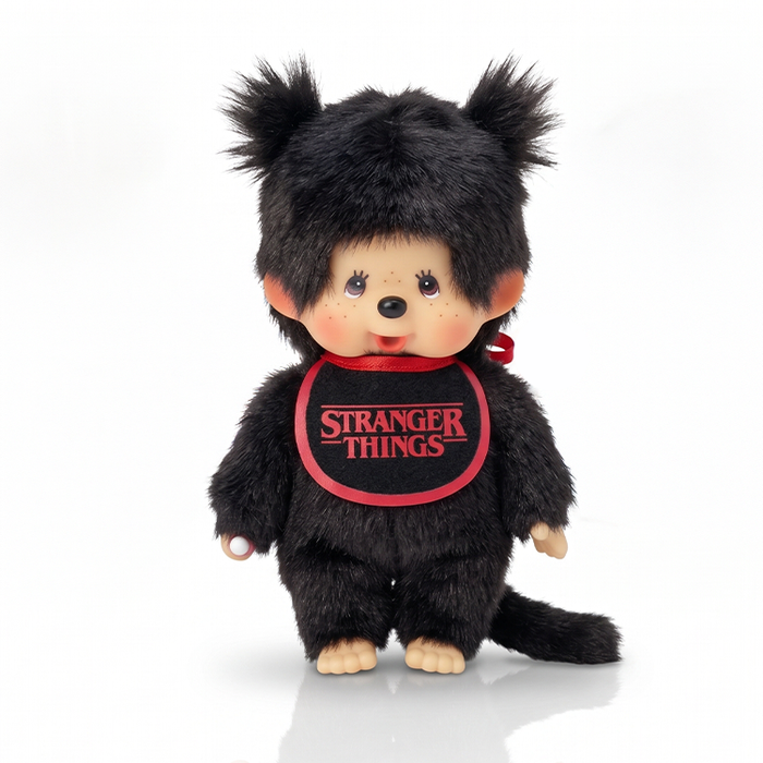 5.5" Monchhichi Bagcharm - Stranger Things Black Plush Girl with Pigtails & Logo Bib