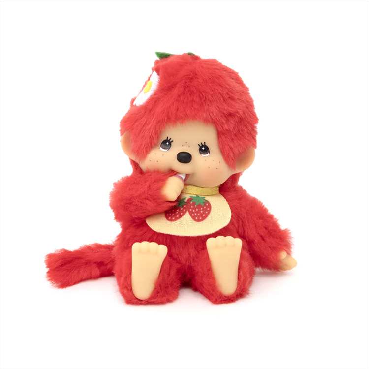 Sekiguchi Monchhichi strawberry-themed 5-inch plush with soft red fur and a fruit-patterned bib sitting on white background
