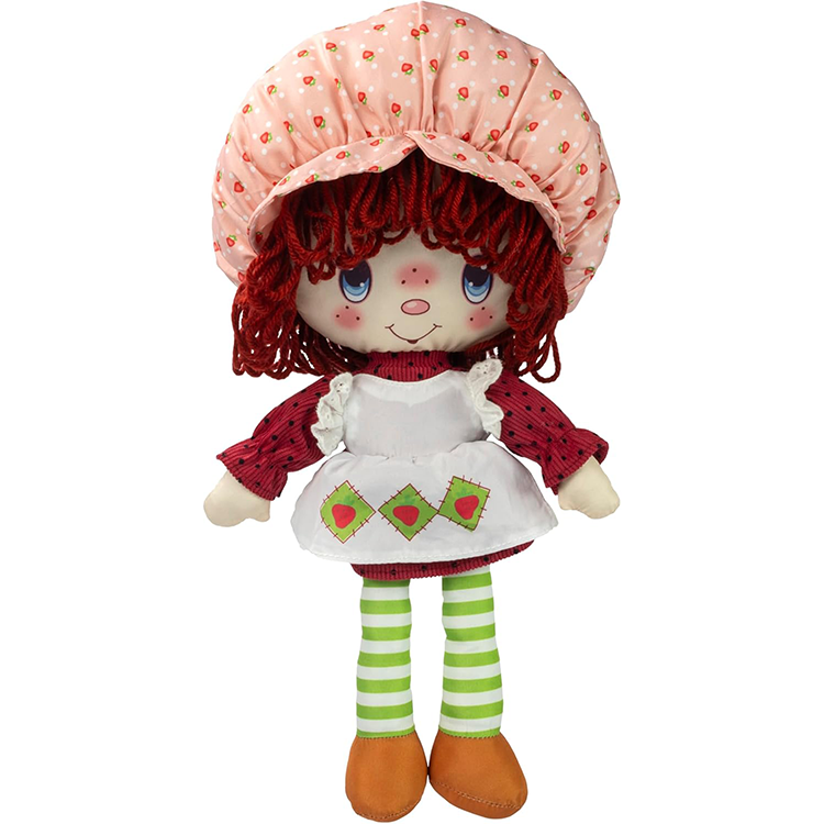 Vintage-style 14-inch Strawberry Shortcake rag doll with soft yarn hair and strawberry-themed outfit by Loyal Subjects