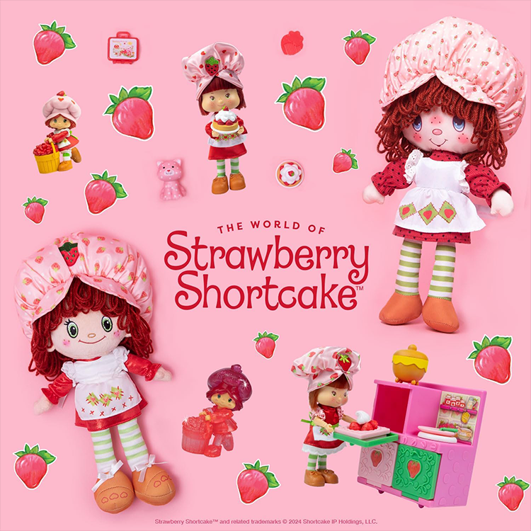 Vintage style Strawberry Shortcake rag dolls with soft plush hair by Loyal Subjects on a pink background with strawberries