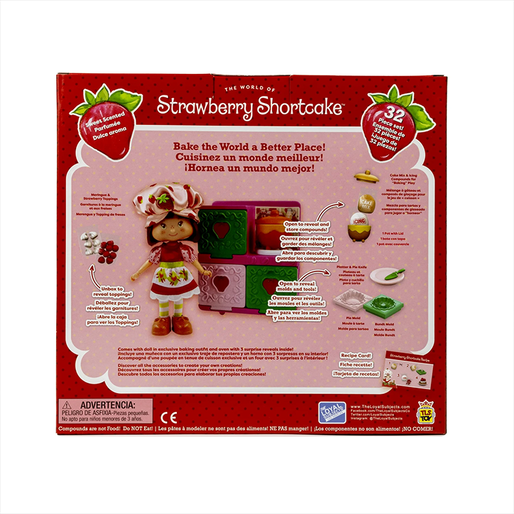 Back of Loyal Subjects Strawberry Shortcake 5.5 inch doll and Berry Bake Shoppe playset packaging with details and accessories shown