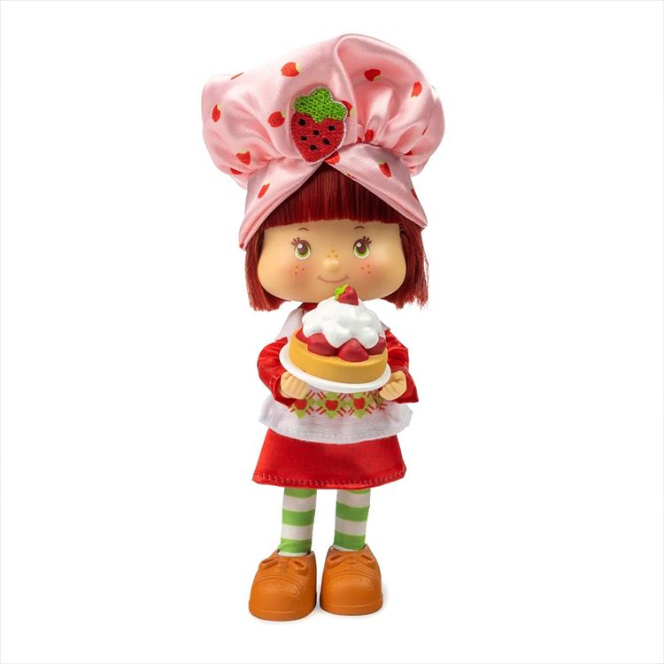 Loyal Subjects Strawberry Shortcake 5.5 inch articulated collectible doll holding cake in red and pink outfit