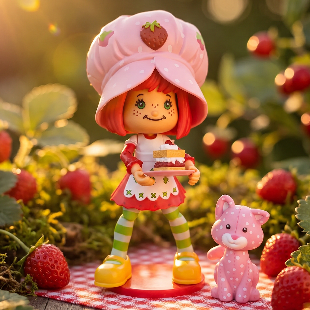 Strawberry Shortcake DELUXE Action Figure 1:12 With Accessories by Boss Fight Studio Llc holding cake beside pink cat