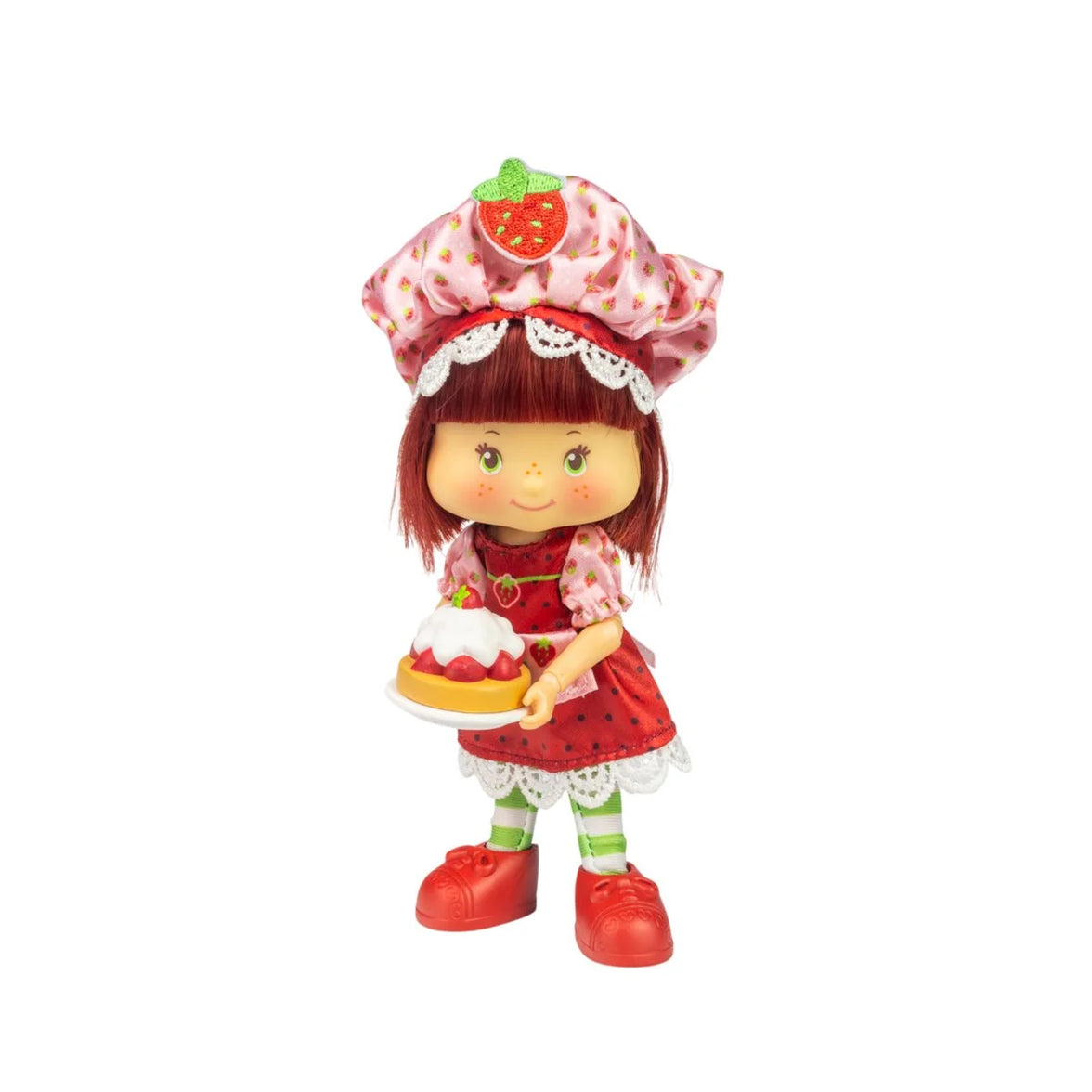Loyal Subjects Strawberry Shortcake 5 1/2-inch fashion doll in Party Pleaser Outfit holding strawberry dessert