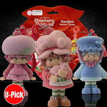 UCC World of Strawberry Shortcake flocked clip hangers featuring soft-touch mini figures in pastel outfits