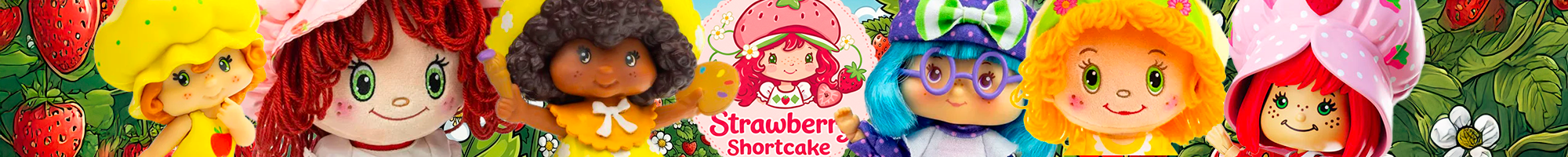 Row of vintage Strawberry Shortcake character dolls with colorful costumes and detailed facial expressions on green background