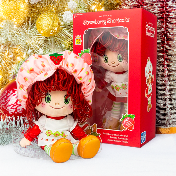 Strawberry Shortcake plush 14-inch classic rag doll with soft yarn hair by Loyal Subjects in red holiday box packaging