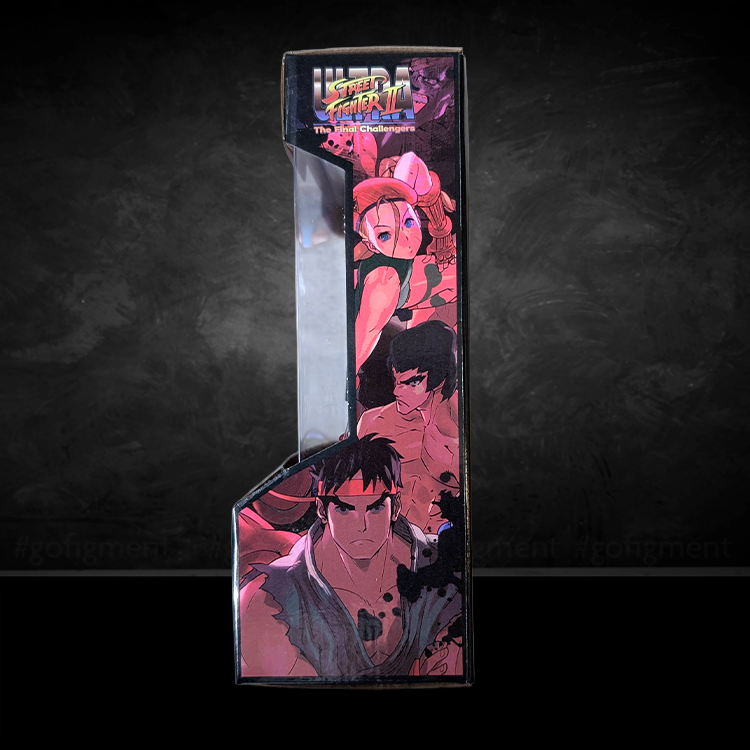 Side view of Ultra Street Fighter II arcade-style packaging featuring Ryu, Chun-Li, and other characters artwork