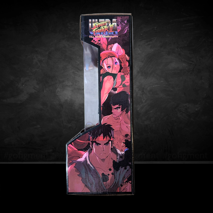 Side view of Ultra Street Fighter II arcade-style packaging featuring Ryu, Chun-Li, and other characters artwork