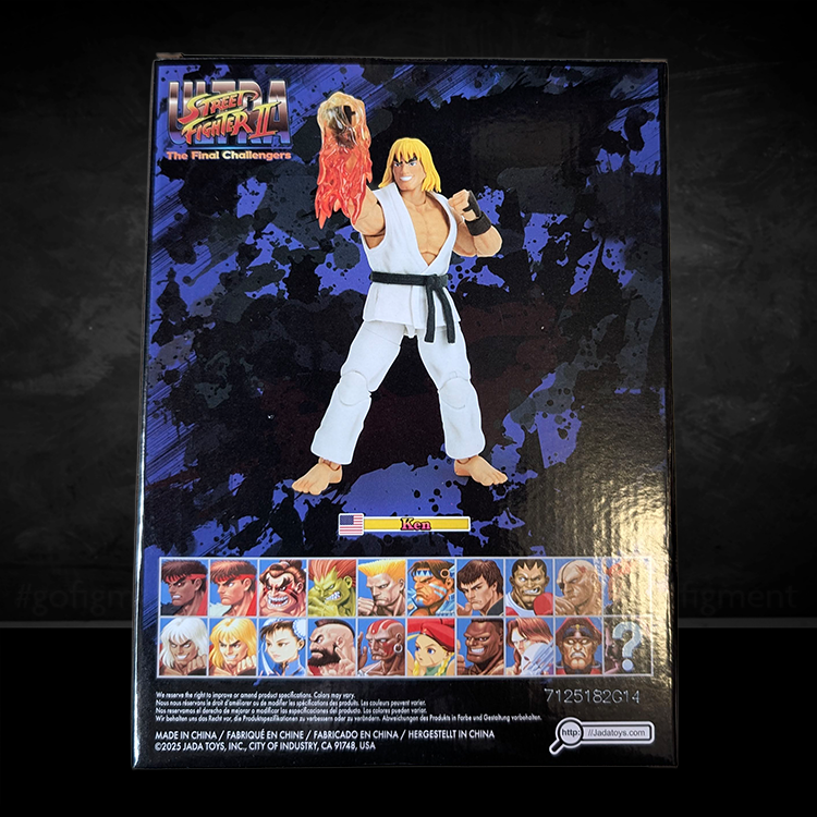 Ultra Street Fighter II Ken Player 2 white gi action figure by Jada Toys in arcade-style packaging with fiery Shoryuken pose