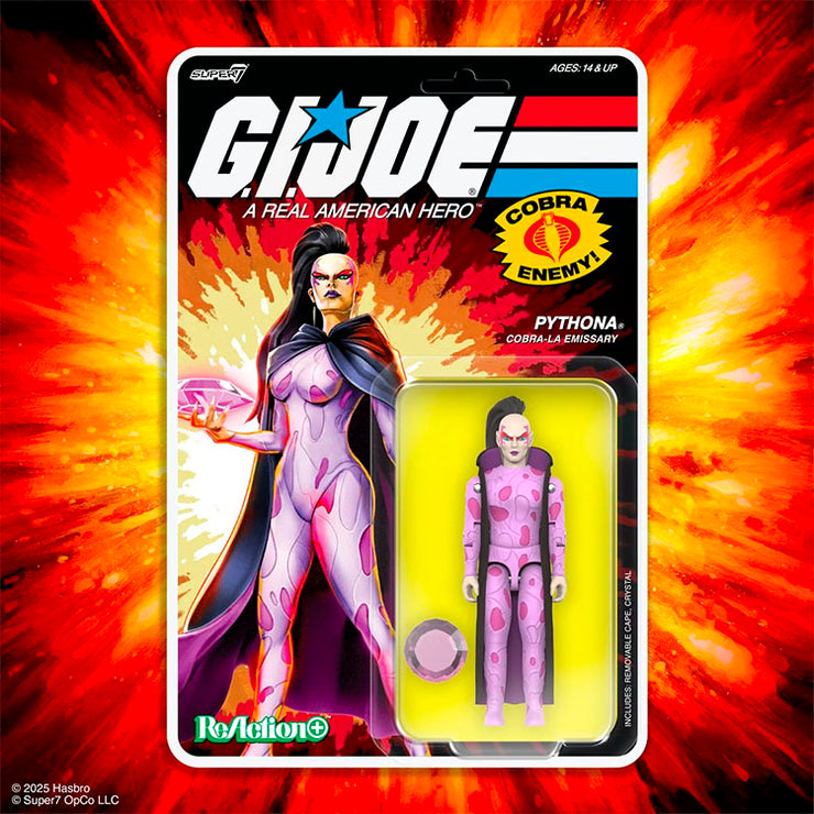 Hasbro G.I. Joe Pythona ReAction+ 3.75-inch figure with O-ring design, cape, and gem accessories in packaging