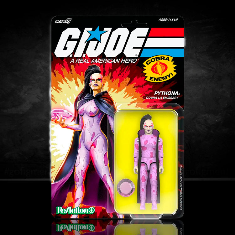 Hasbro G.I. Joe Pythona Cobra-La emissary action figure with cape and gem accessories in retro packaging