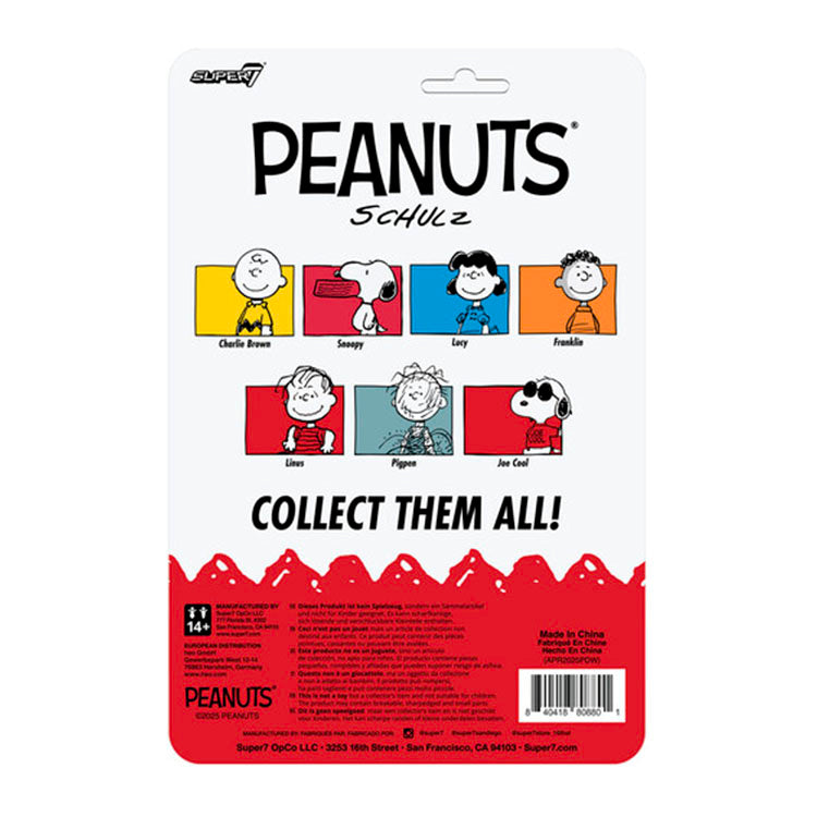 Super7 Peanuts action figure card back featuring Charlie Brown, Snoopy Joe Cool, Lucy, Franklin, Linus, and Pigpen characters.