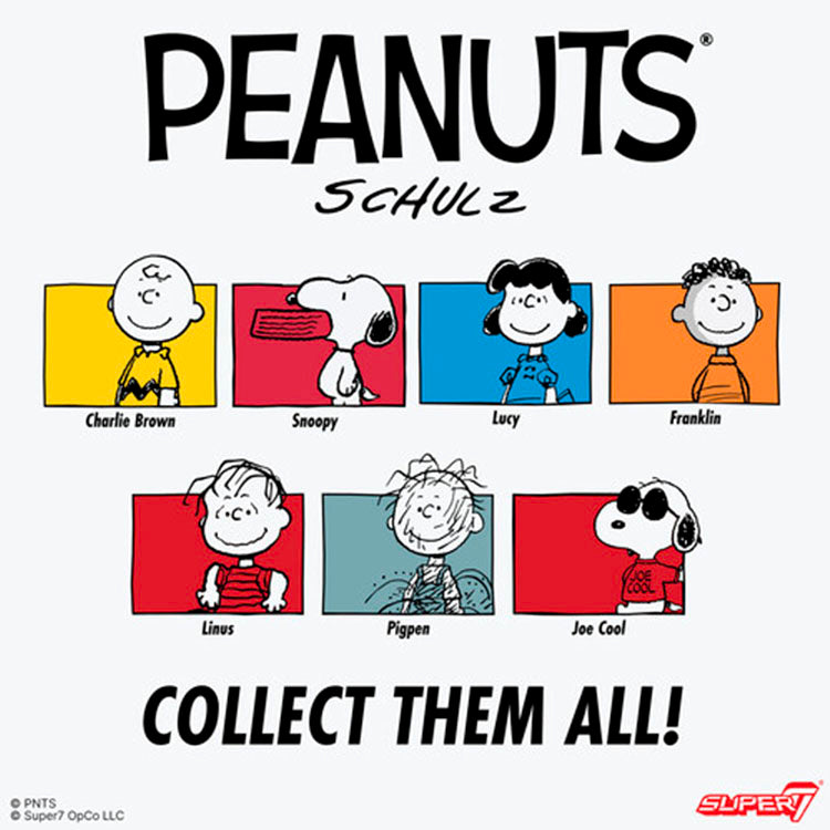 Peanuts characters lineup including Joe Cool Snoopy in sunglasses by Super7 promoting collectible ReAction Figures.