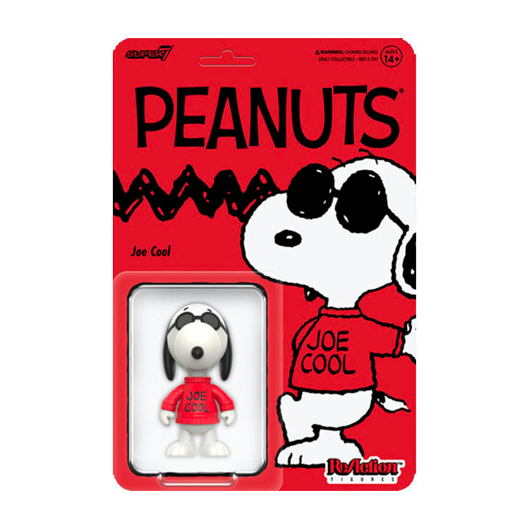 Super7 Peanuts Joe Cool ReAction Figure 3.75 inch Snoopy in red sweater and sunglasses on vintage card.