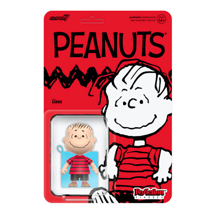 Super7 Peanuts Linus ReAction Figure 3.75 inch with fabric security blanket in red striped shirt packaging