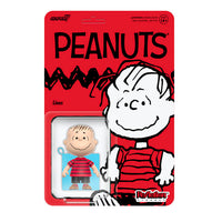 Super7 Peanuts Linus ReAction Figure 3.75 inch with fabric security blanket in red striped shirt packaging