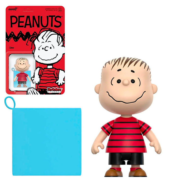 Super7 Peanuts Linus ReAction Figure 3.75 inch with iconic blue fabric blanket and red striped shirt.