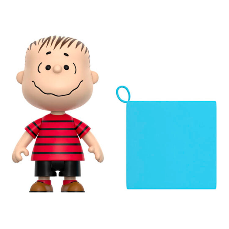 Super7 Linus ReAction Figure in red shirt with poseable design and fabric blue security blanket accessory.