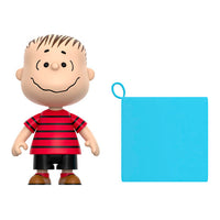 Super7 Linus ReAction Figure in red shirt with poseable design and fabric blue security blanket accessory.