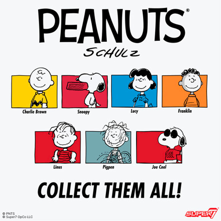 Peanuts characters lineup including Charlie Brown, Snoopy, Lucy, and more in colorful boxes by Super7.