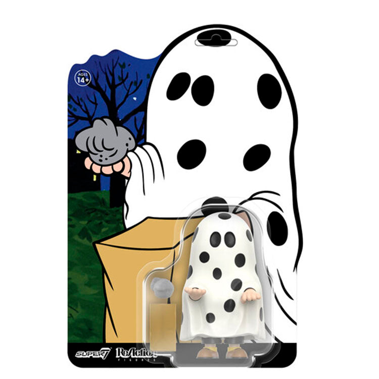 Super7 Charlie Brown ReAction Figure in ghost costume holding rock from It's The Great Pumpkin Halloween special